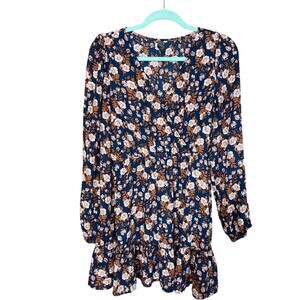 ALYA Long Sleeve Floral Dress – Blue with Blush Flowers, Size Small